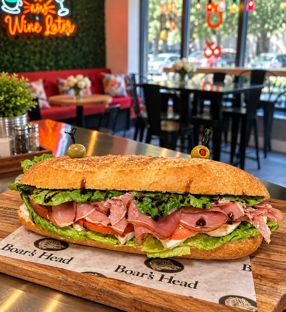 Prosciutto sandwich by the red banquette
