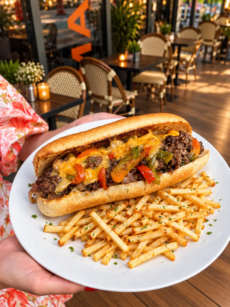 Philly cheesesteak on the terrace