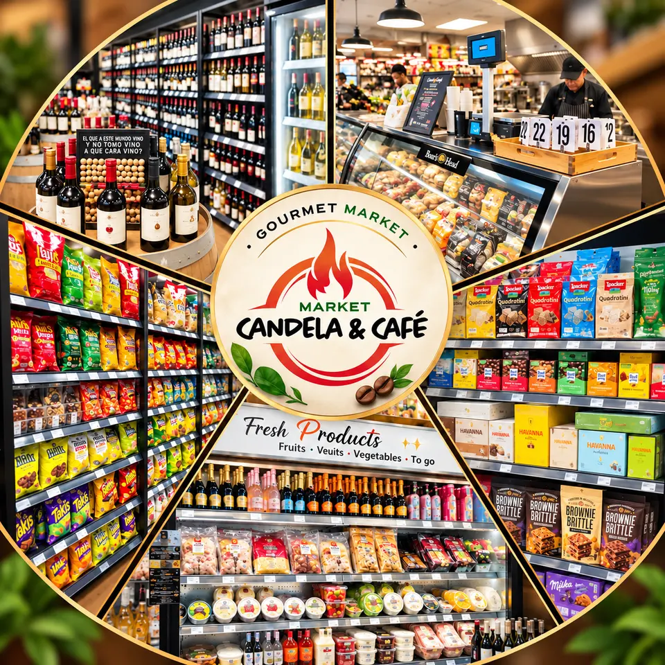 The Candela & Café Gourmet Market logo surrounded by the market: wine, the Boar’s Head deli counter, snacks, cookies and chocolates, and a fridge with sparkling wine, cheeses and fresh products