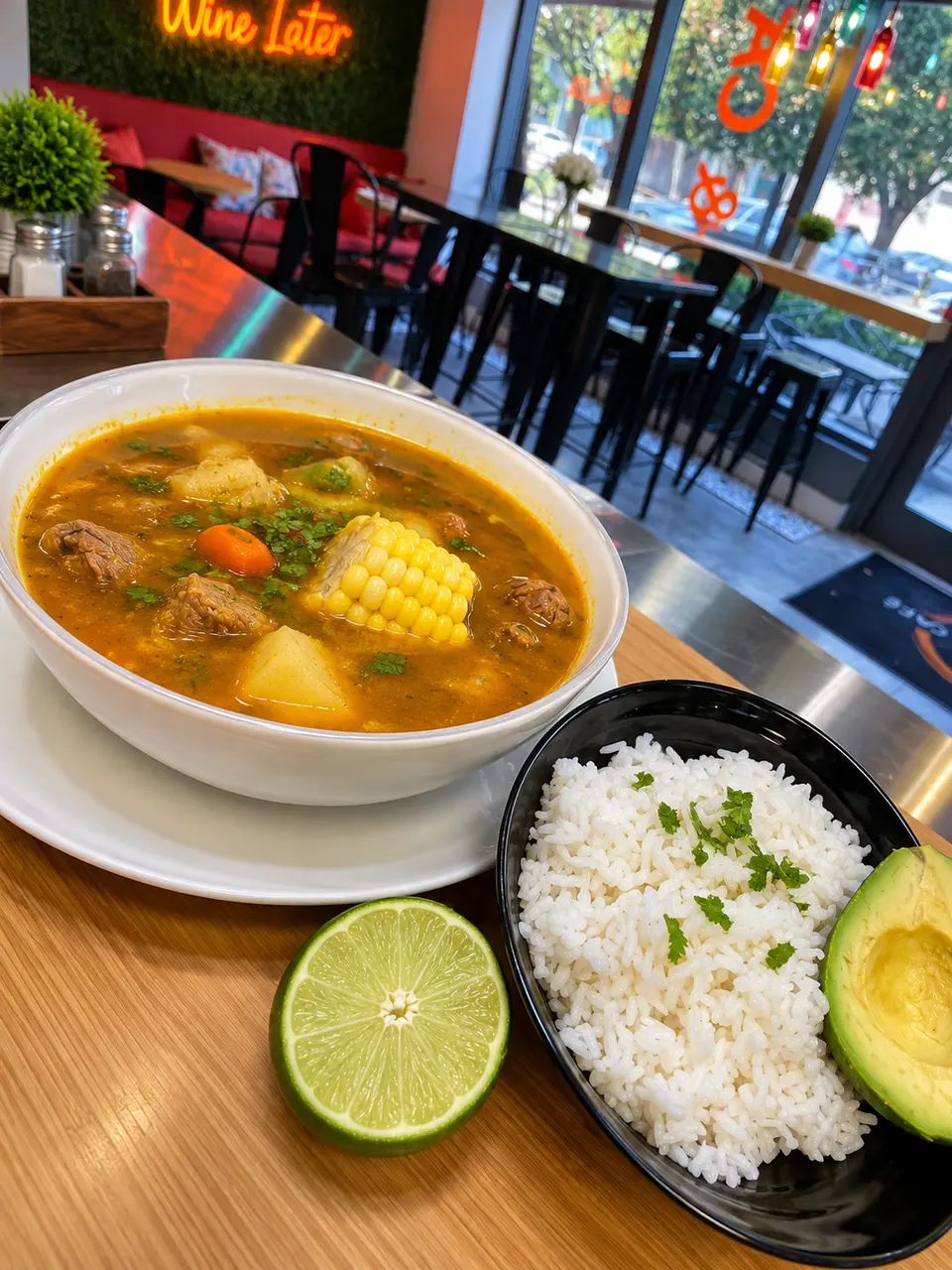 Bowl of sancocho with white rice and avocado