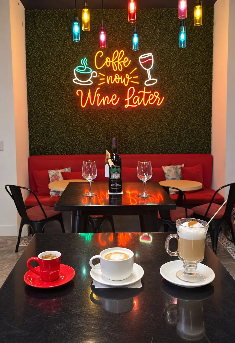 The «Coffee now, Wine later» neon over the red banquette