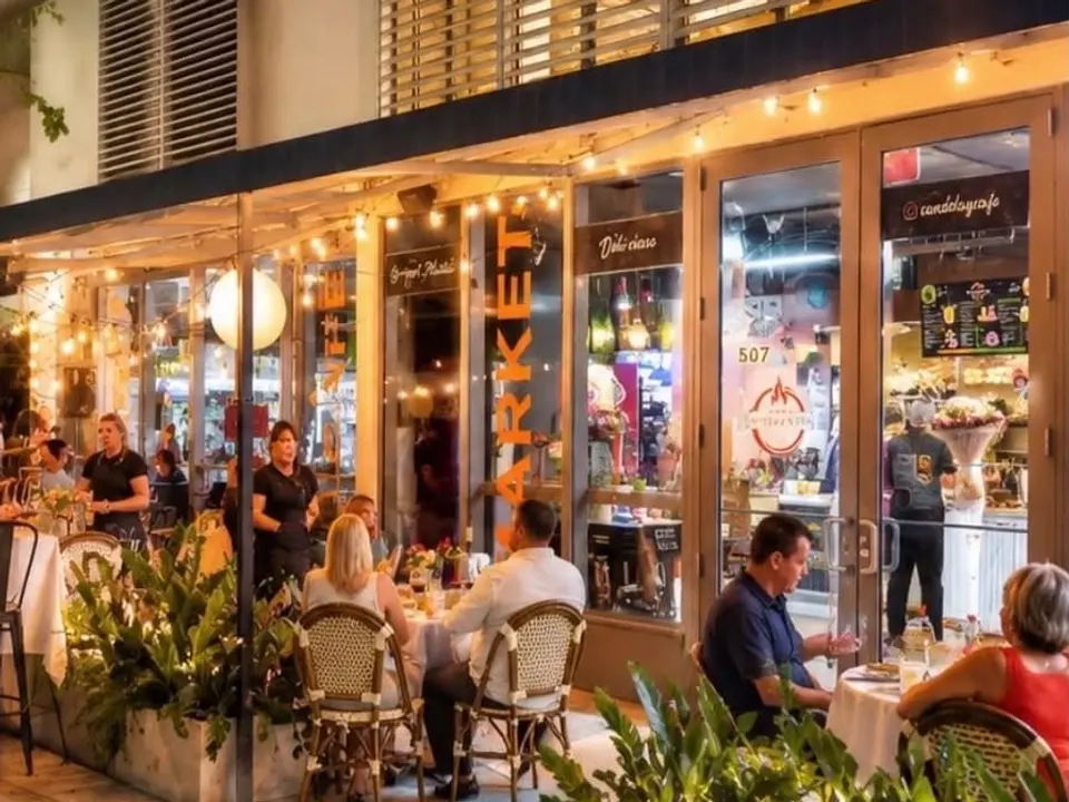 Candela’s patio on a Friday night: string lights, tables and the market behind the glass
